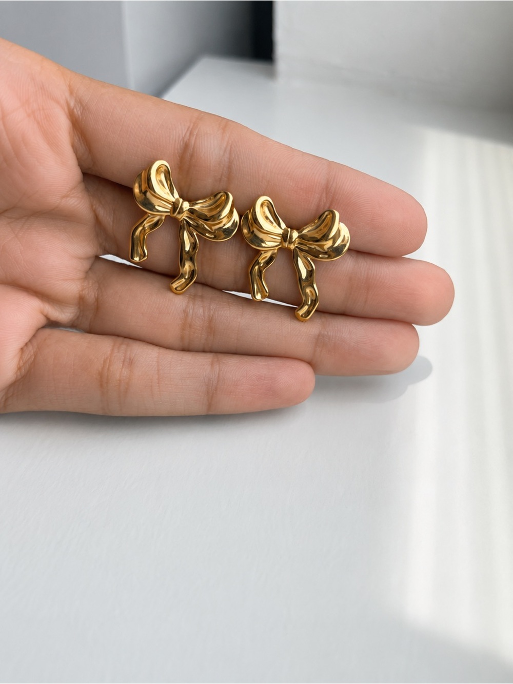 18K Gold Plated Statement Bow Ribbon Earrings - Picture 3 of 4